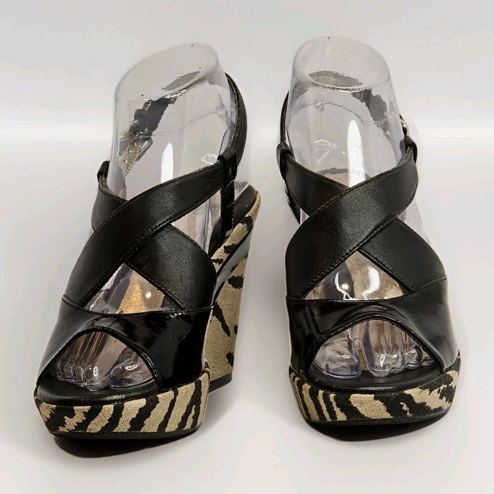 Zebra Print Wedge Sandals Black Leather Strappy Platform Peep Toe Heels 6M